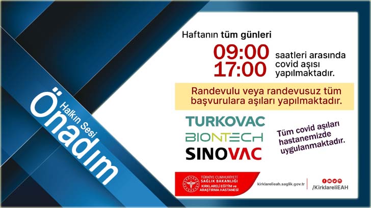 Covid 19 aşınızı 09.00-17.00 saatleri arasında yaptırabilirsiniz