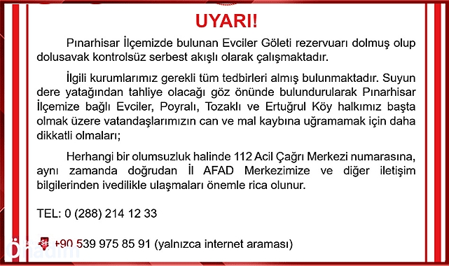 Valilikten Uyarı: Pınarhisar'ın Bu Köylerinde Yaşayanlar Dikkat!