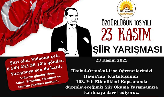 Kurtuluş Coşkusu Şiirle Taçlanıyor! Havsa Belediyesi’nden Öğrencilere Çağrı