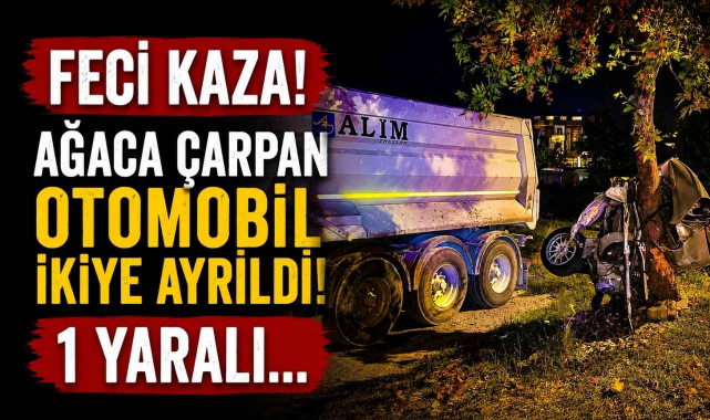 Feci Kaza! Ağaca Çarpan Otomobil İkiye Ayrıldı! 1 Yaralı…